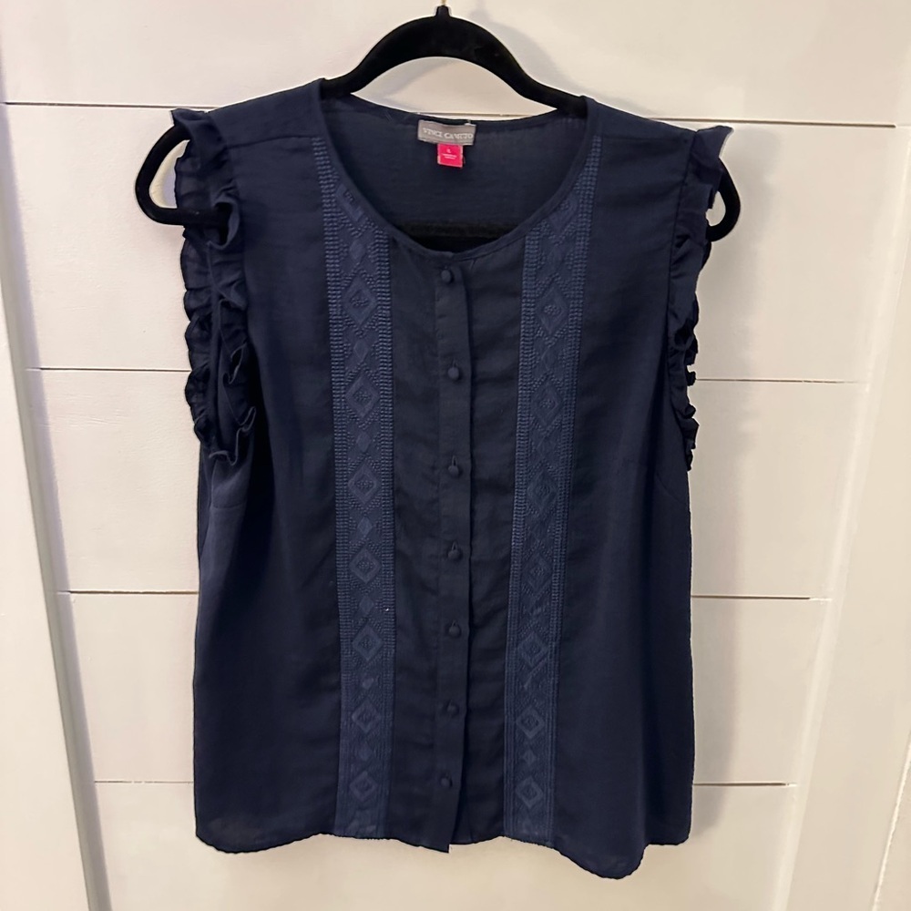 VINCE CAMUTO L Blue ruffle sleeve woman lace detail front tank top cottagecore